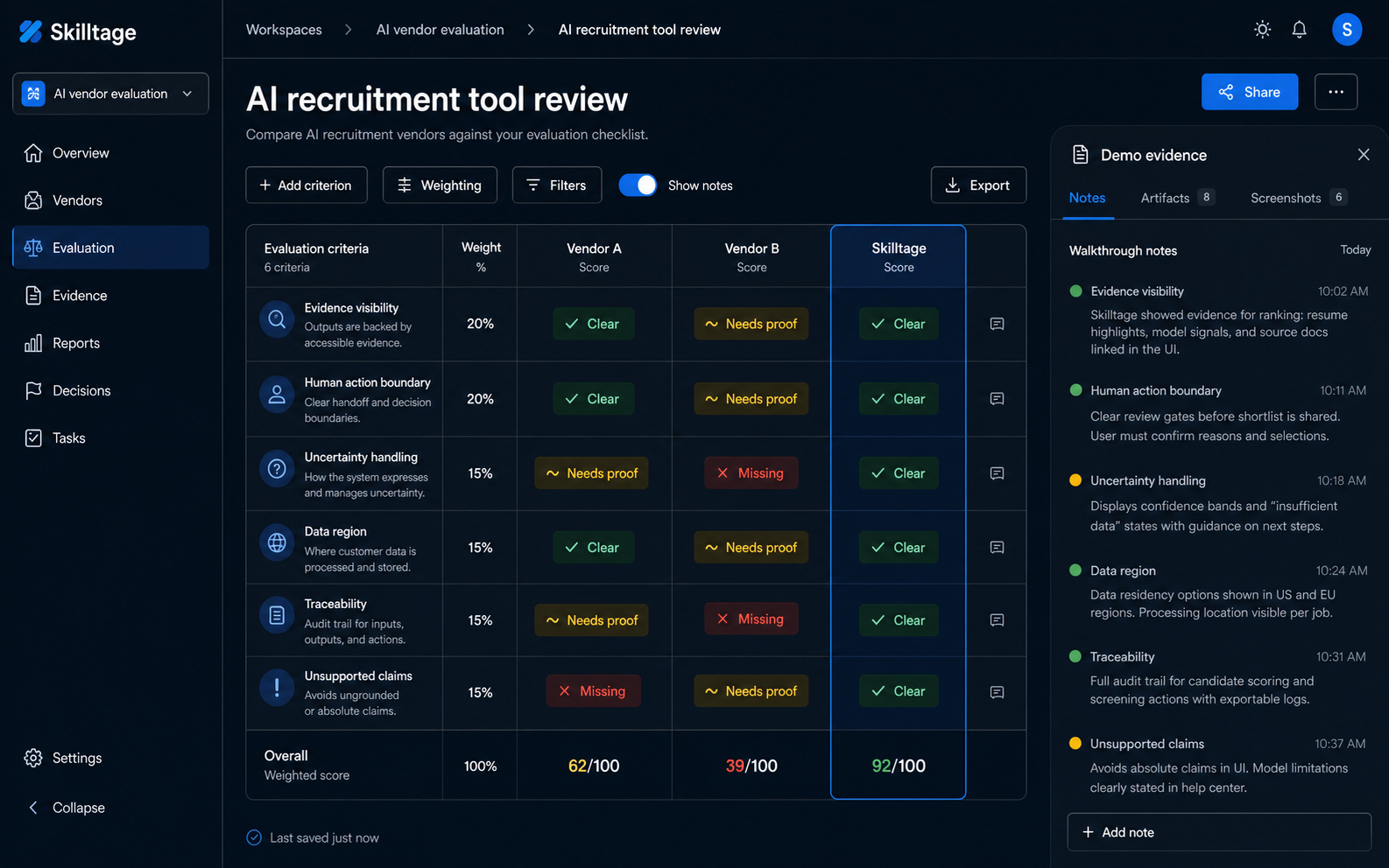 Screenshot of a Skilltage AI recruitment vendor comparison table with evidence visibility, human action boundary, uncertainty handling, data region, traceability, and unsupported claims criteria